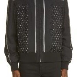 Saint Laurent Paris Silk Polka Dot Stripe Scarf Print Black Bomber Jacket 48 M